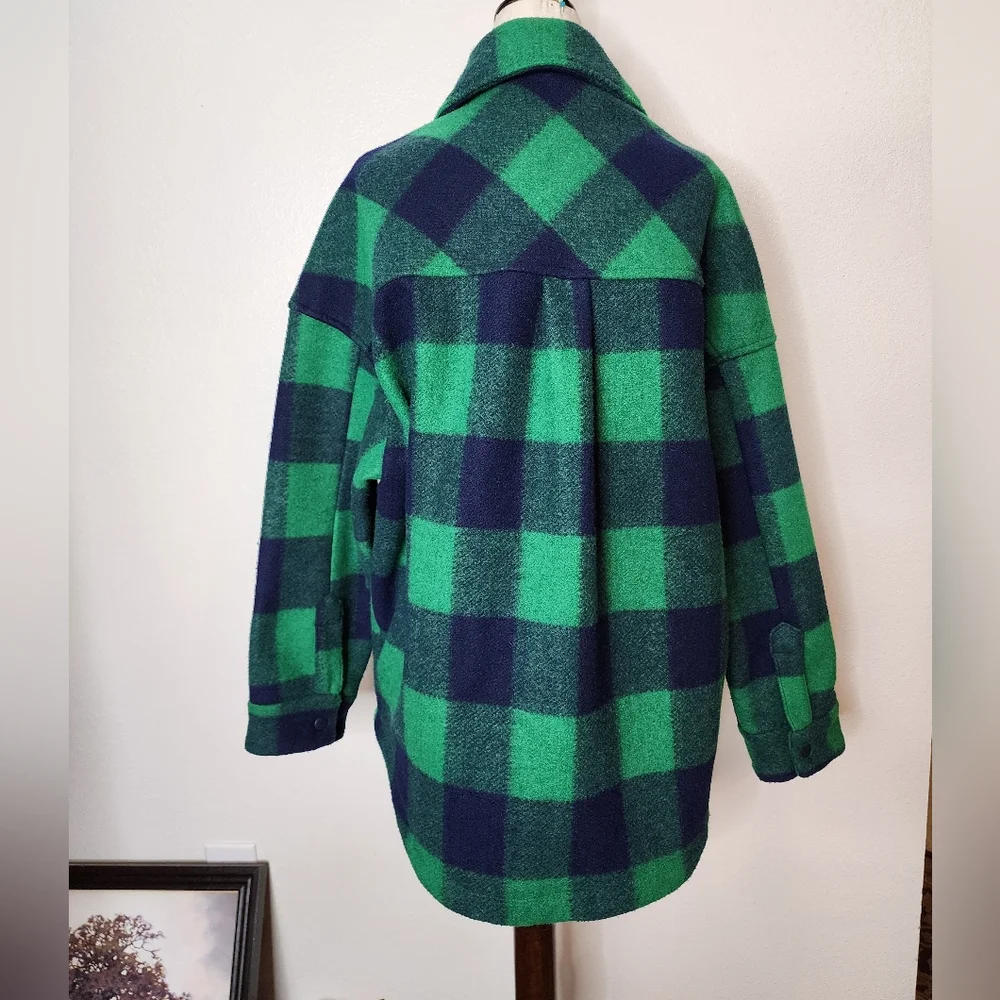 Zara Buffalo Plaid Jacket Green Navy Shacket Winter Thick Flannel Street Wear